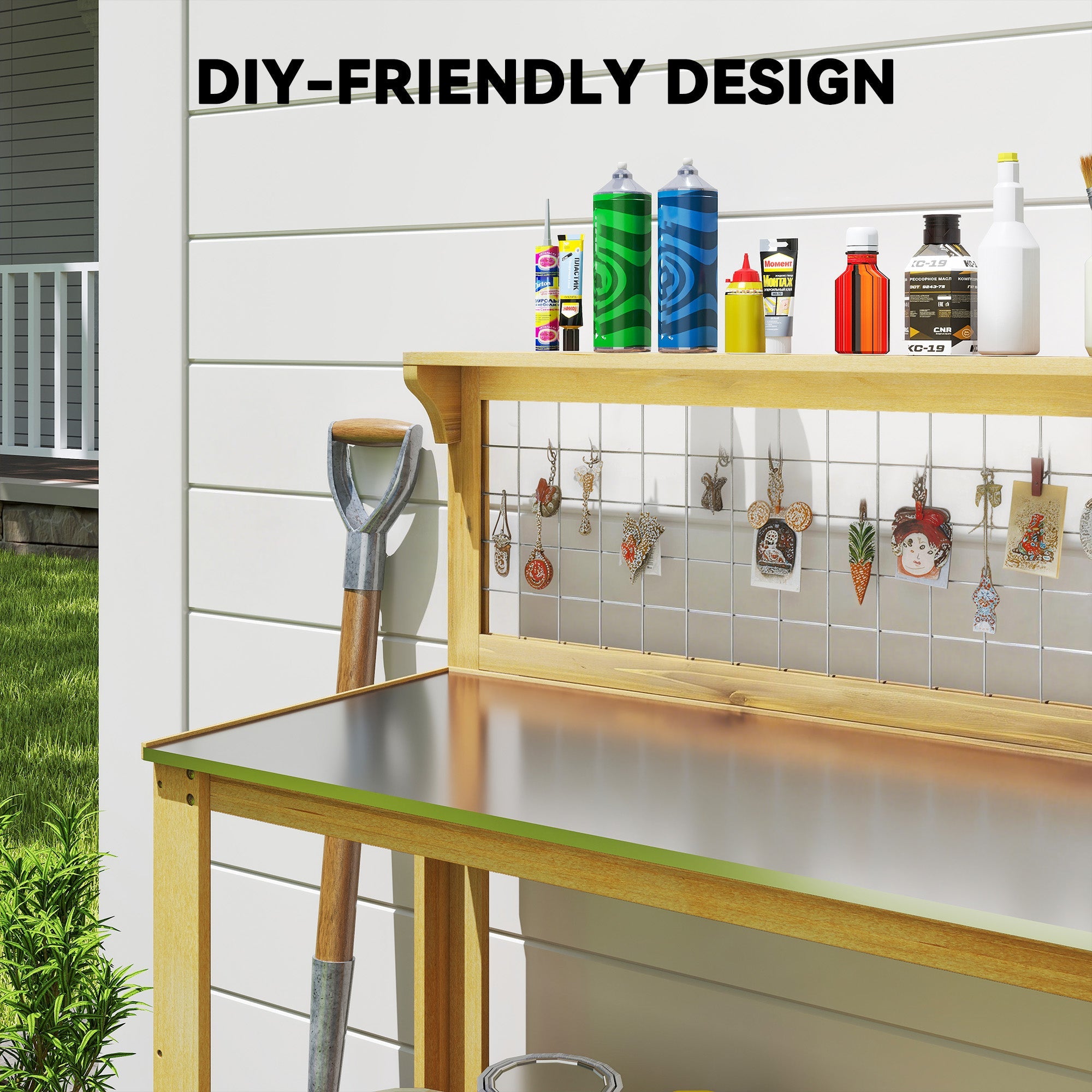 Outsunny Wooden Potting Bench Table with Aluminium Worktop, Outdoor Garden Workbench with 2 Shelves