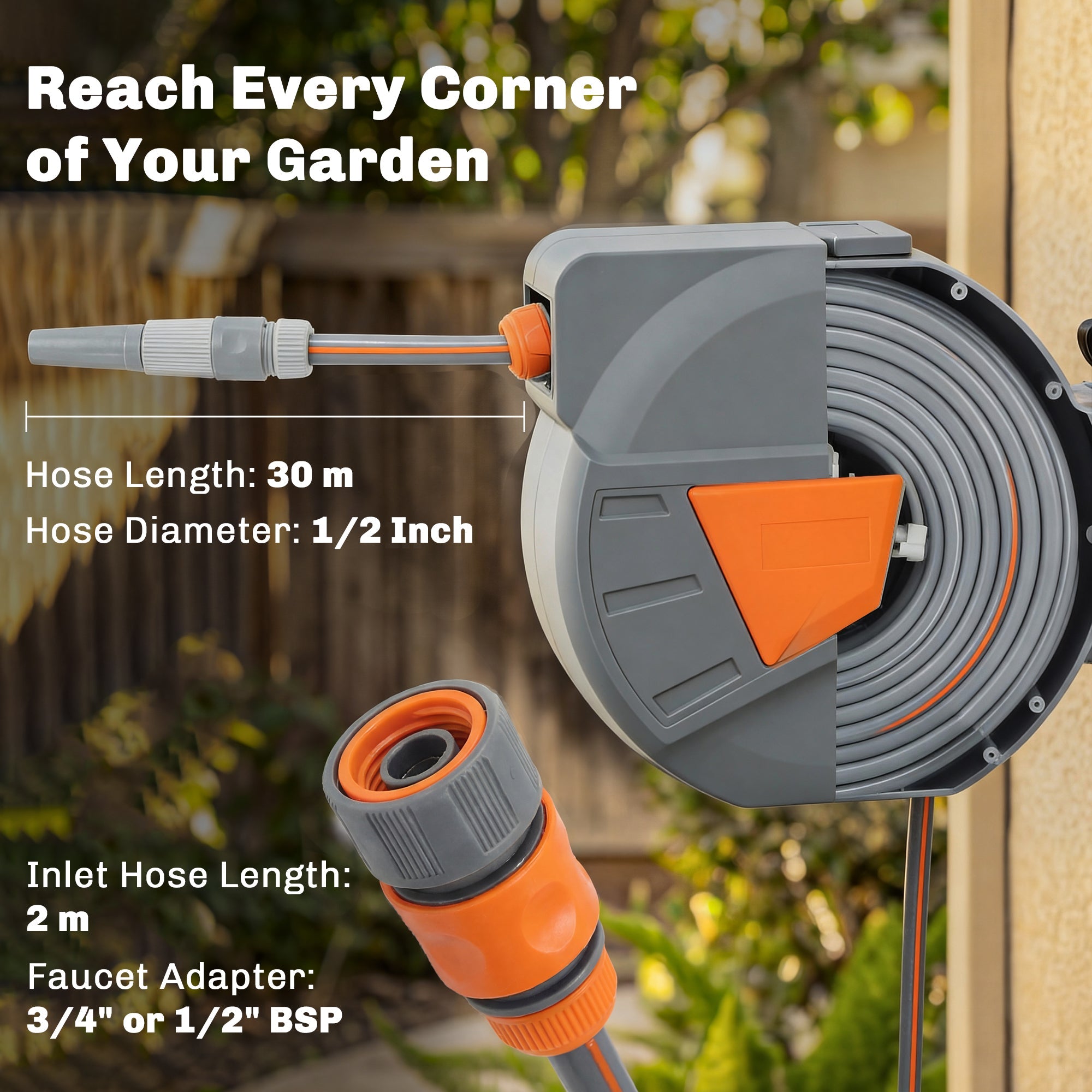 Outsunny Retractable Hose Reel Wall Mounted, 30+2m Garden Hose Pipe Reel with Auto Retraction, Self-Locking, Orange
