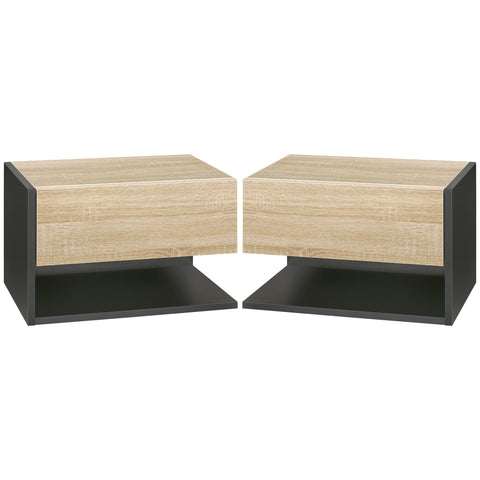 HOMCOM Floating Bedside Table Set of 2, Wall Mounted Bedside Cabinet with Drawer and Open Shelf, Modern Nightstand for Bedroom, 46 x 30 x 30 cm, Oak Tone
