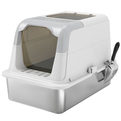 PawHut Extra Large Stainless Steel Litter Box, Enclosed Cat Litter Tray with Scoop, Deodorizer Bag, Front-Entry and Top-Exit