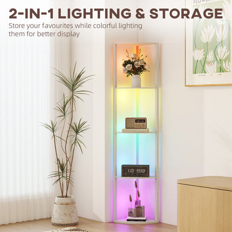 HOMCOM RGB LED Floor Lamp with Shelves, 5-Tier Dimmable Standing Lamp with Adjustable Brightness and Remote Control, Modern Corner Display Shelf Unit for Living Room Bedroom Office, Oak