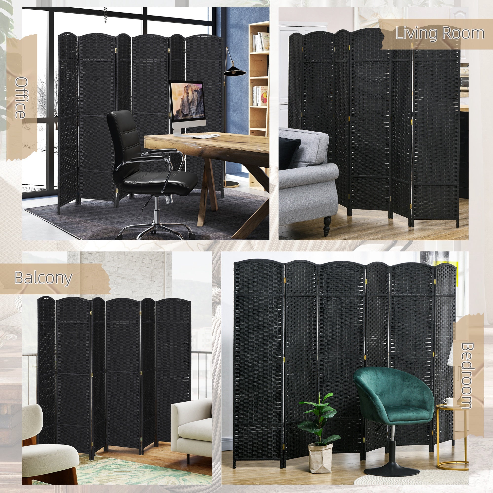 HOMCOM 6 Panel Folding Room Divider, Freestanding Privacy Screen for Living Room, Bedroom and Office, 240 x 170cm, Black
