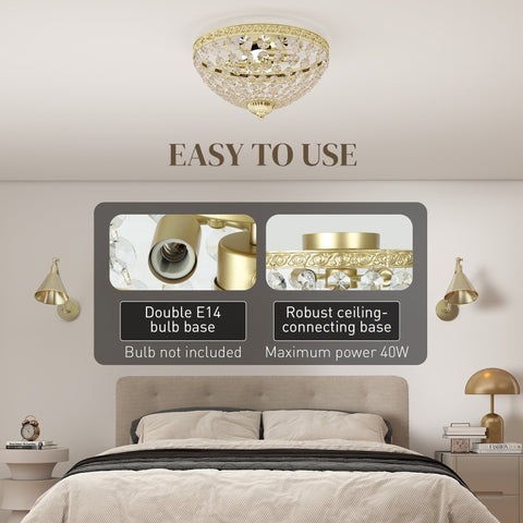 HOMCOM Crystal Chandelier Ceiling Light with 168 Octagonal Beads, Vintage 2-Light Flush Mount Ceiling Light for Living Room, Bedroom, Hallway, Dining Room, Gold Tone
