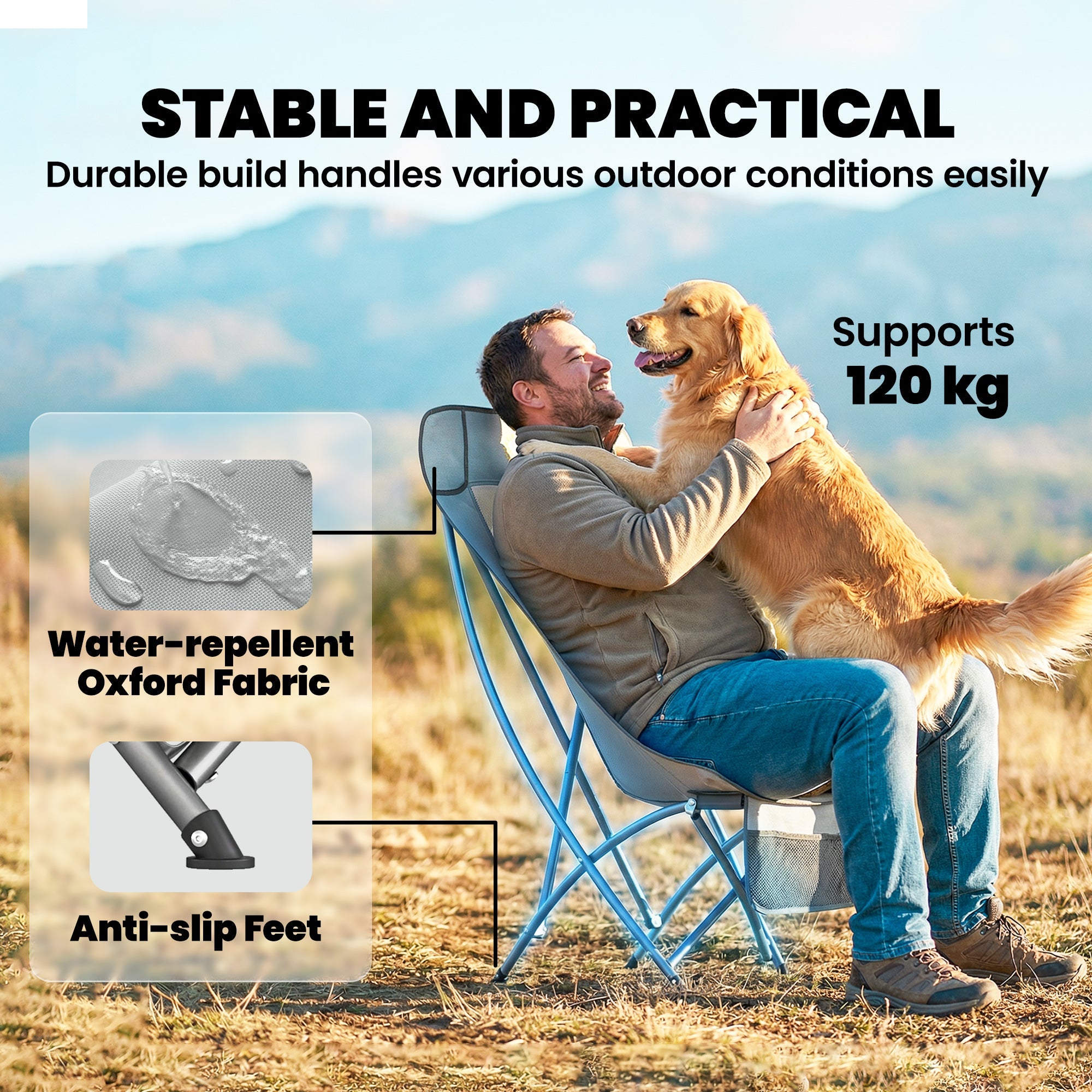 Outsunny Camping Chair for Adults Heavy Duty Folding Camp Chair with Side Pocket and Carry Bag Light Grey