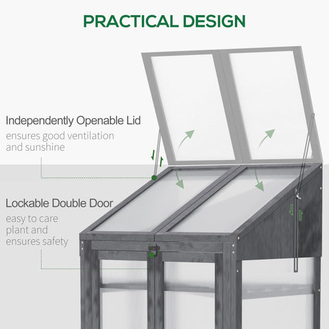 Outsunny Wooden Cold Frame Polycarbonate Greenhouse with Openable Top Cover and Double Door, Grow House for Flower, Vegetable and Plants, 70 x 50 x 120cm, Grey