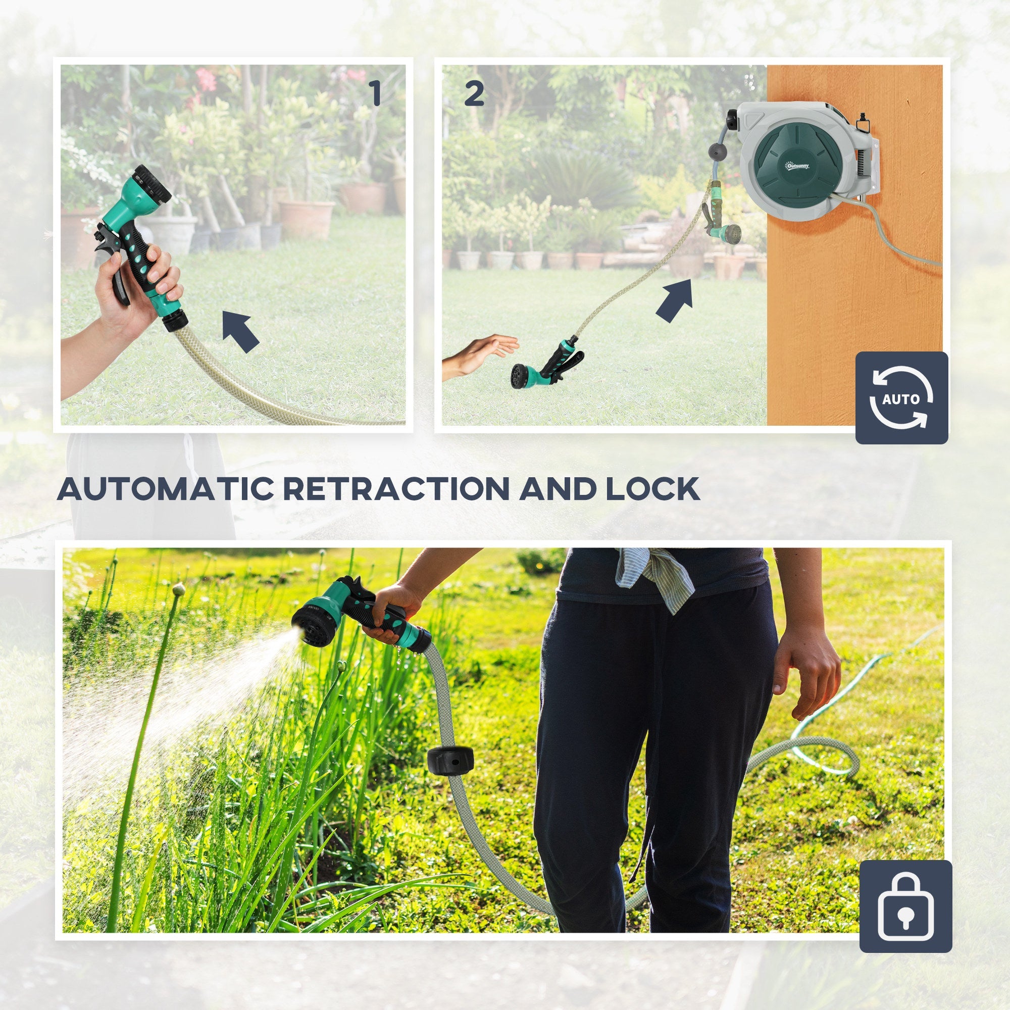 Outsunny Retractable Hose Reel Wall Mounted, 20+2m Garden Hose Pipe Reel with Lock, Auto Rewind, 7 in 1 Spray Nozzle, Includes Wall Fixings, 180\'c2\'b0 Swivel, Outdoor Watering, Light Grey