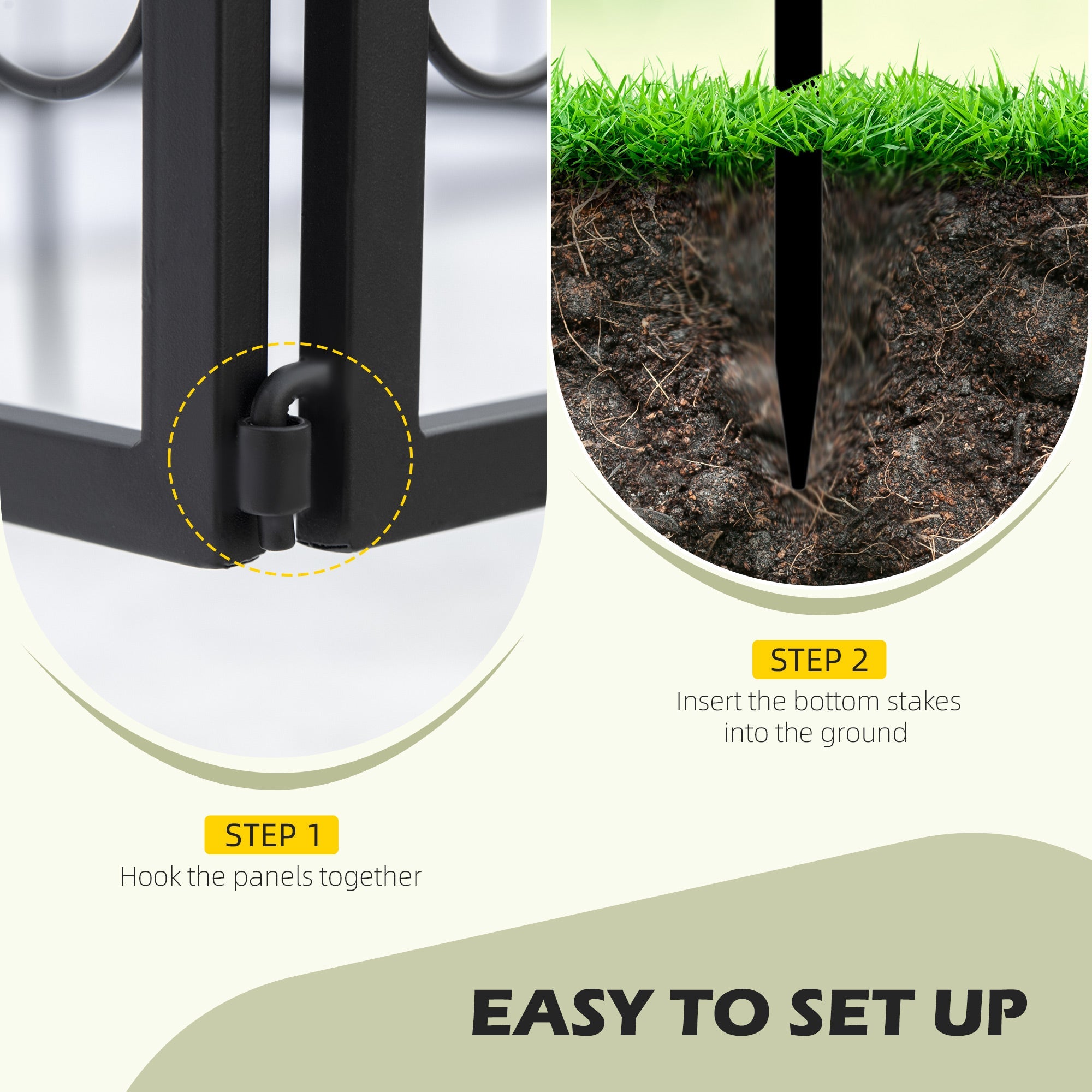 Outsunny Decorative Garden Fencing, 8PCs Outdoor Picket Fence Panels, Rustproof Metal Wire Landscape Flower Bed Border Edging Animal Barrier, Black