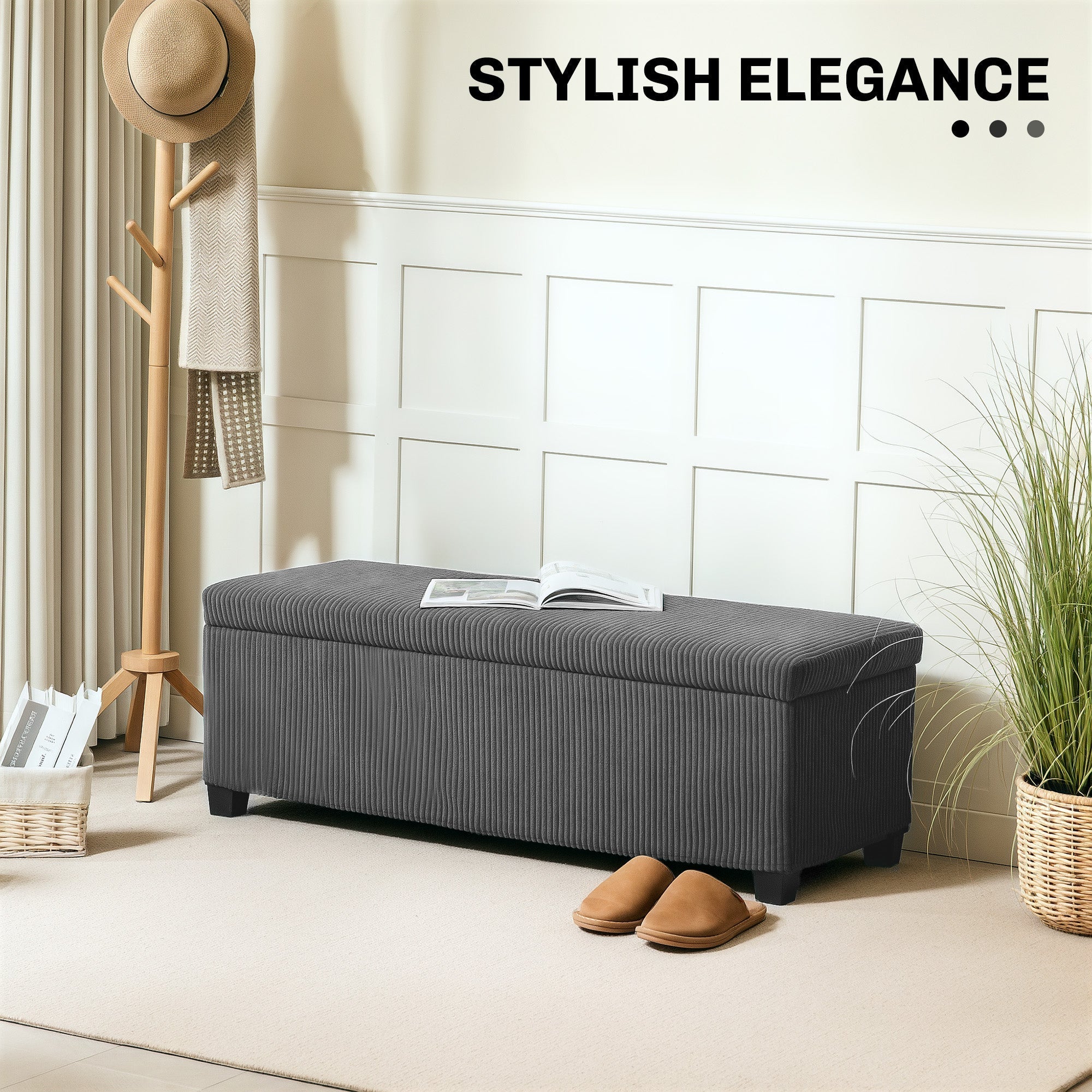 HOMCOM Storage Ottoman Bench, Corduroy Footstool with Removable Lid and Legs, 112cm Storage Chest Box for Living Room, Bedroom, Hallway, Grey