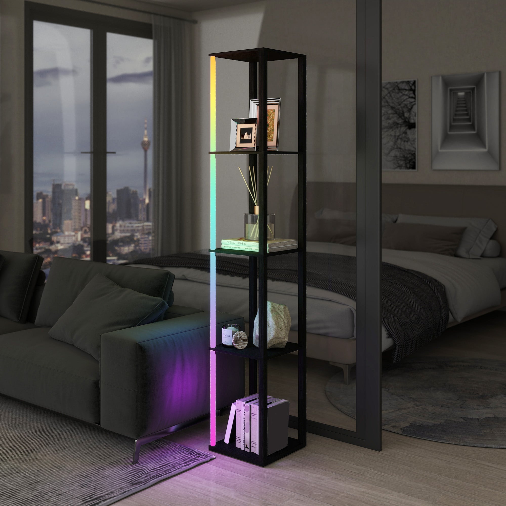 HOMCOM RGB LED Floor Lamp with Shelves, Modern Dimmable Standing Lamp with Remote Control, Adjustable Brightness & Speed for Living Room, Bedroom, Office, Black