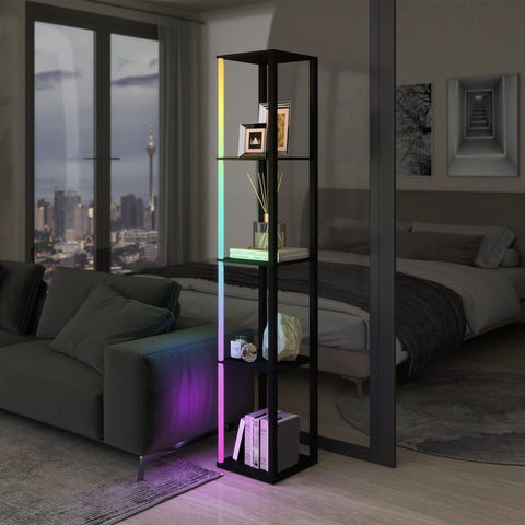 HOMCOM RGB LED Floor Lamp with Shelves, Modern Dimmable Standing Lamp with Remote Control, Adjustable Brightness & Speed for Living Room, Bedroom, Office, Black