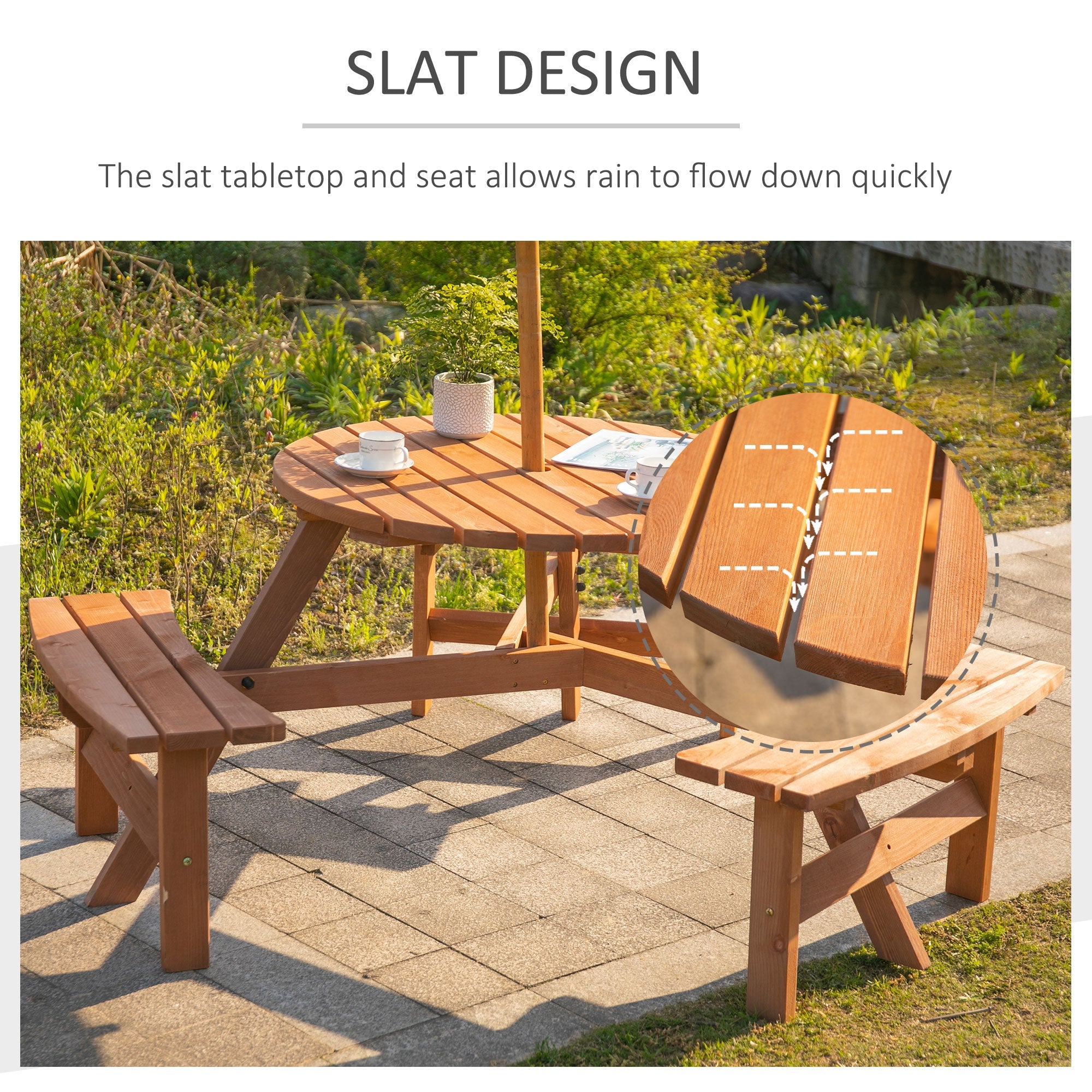 Outsunny 6 Seater Wooden Picnic Table and Garden Benches Set, Round Garden Dining Set with 3 Benches and Umbrella Hole Outdoor Garden Park, Brownish Red