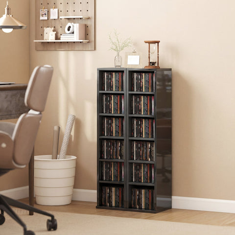 HOMCOM Set of 2 CD Media Display Shelf Unit Tower Rack with Adjustable Shelves, High Gloss Black
