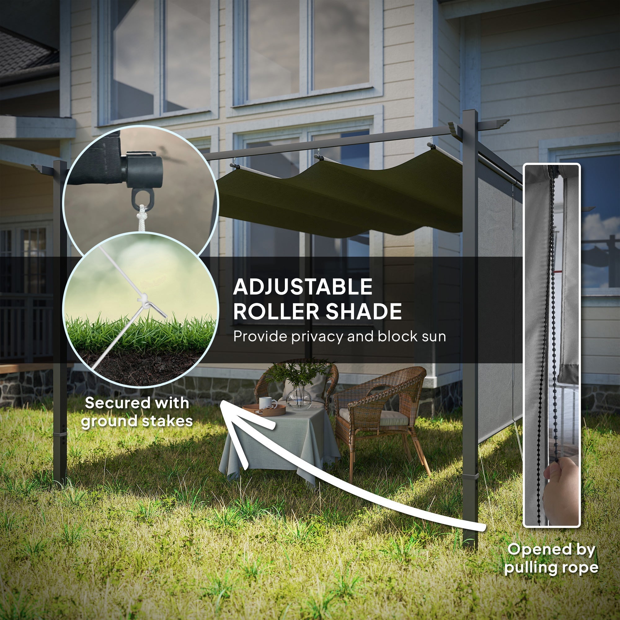 Outsunny 3 x 4m Metal Pergola with Retractable Roof and Roller Shade, Wall-Mounted or Free Standing Garden Gazebo Canopy Pergola Kit, UPF30+ Outdoor Sun Shade Shelter, Grey
