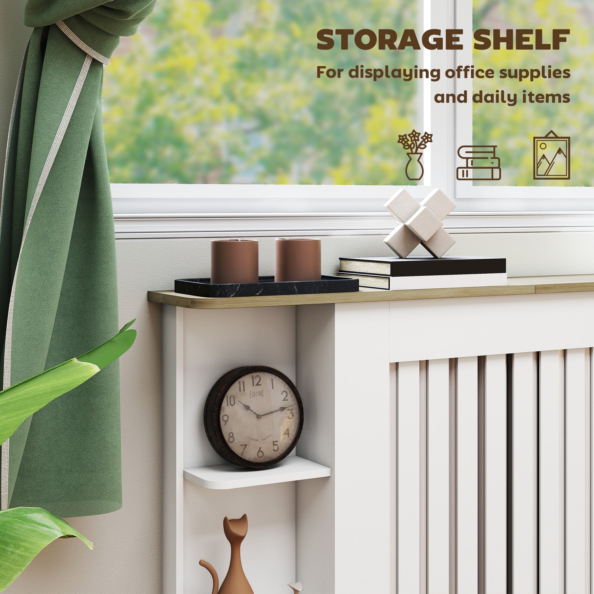 HOMCOM Radiator Cover with Open Storage Shelves, Vertical Slatted Cabinet Shelf Heater Cover for Living Room, Hallway, Medium, White