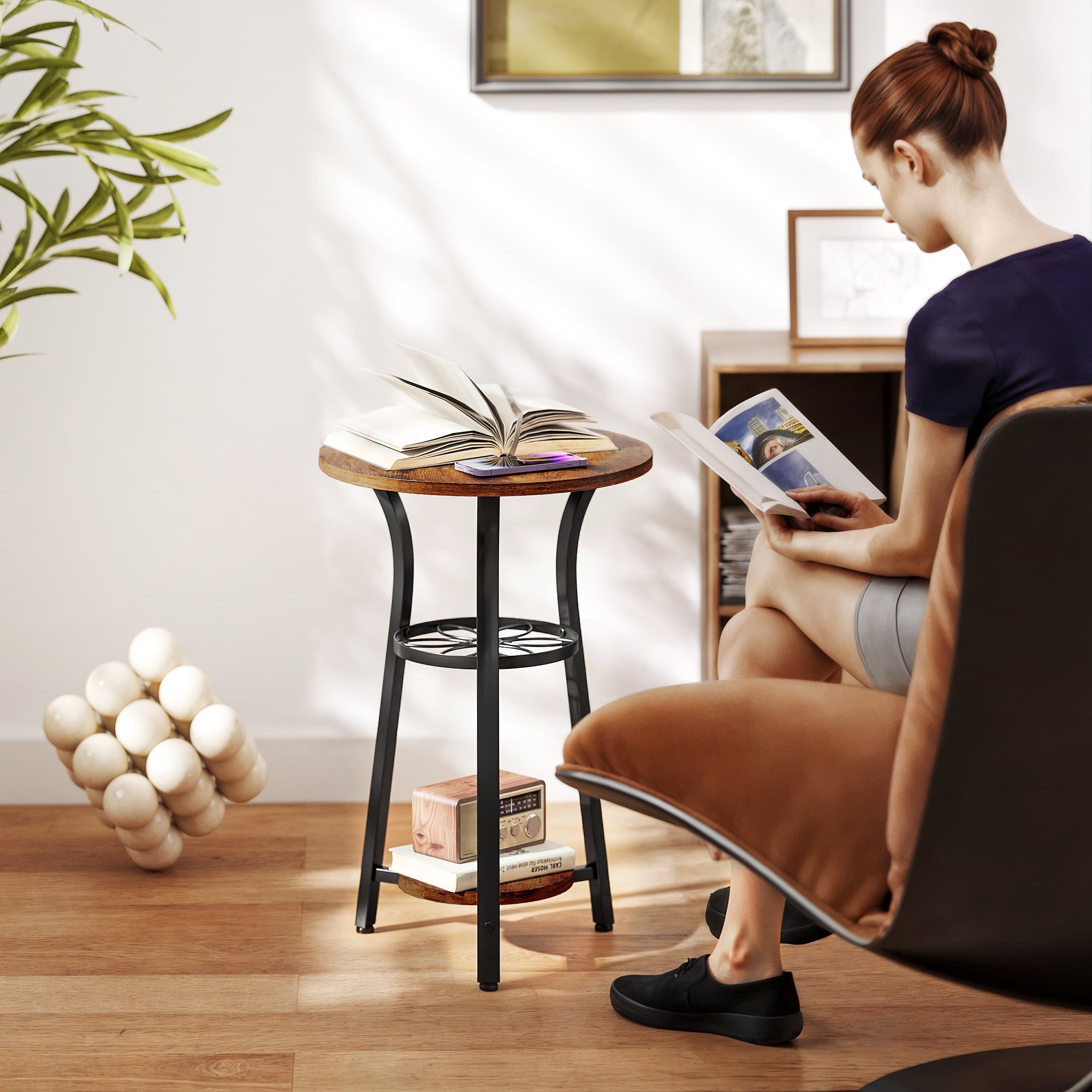 HOMCOM Small Round Side Table with 3 Storage Shelves - Rustic Brown