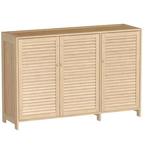 HOMCOM Bamboo Shoe Cabinet with Louvered Doors, 18 Pairs Shoe Storage Cabinet with Adjustable Shelves for Hallway, Natural