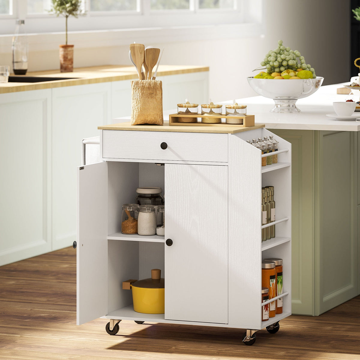 HOMCOM Rolling Kitchen Island with 3-Tier Spice Rack, Kitchen Storage Cart with Drawer and Towel Rack, White