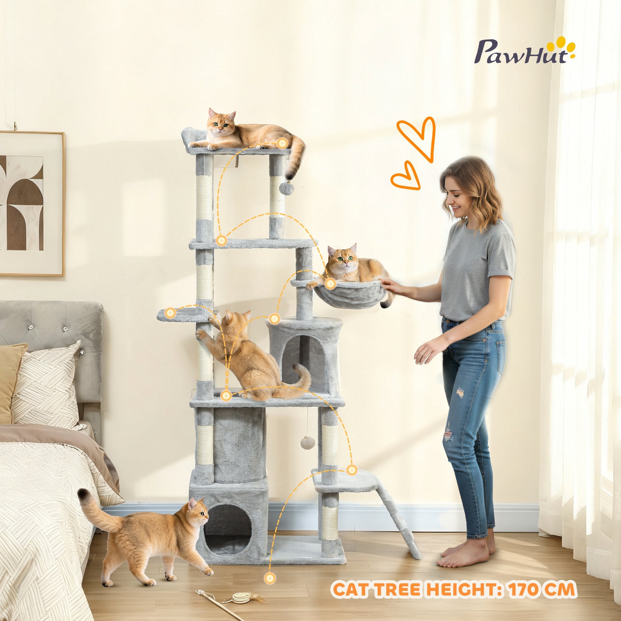PawHut 170 cm Large Cat Tree, Cat Tower with 7 Scratching Posts, 2 Condos, Hammock,  Light Grey