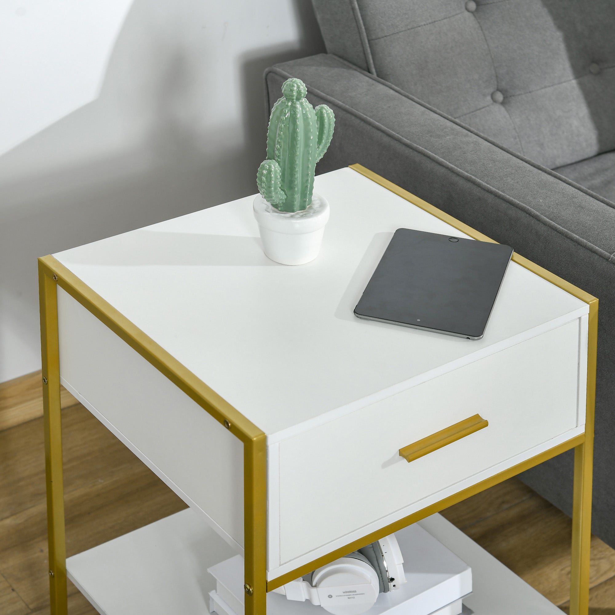 HOMCOM Bedside Table Set of 2, Modern Side Tables with Drawer and Shelf, Nightstands for Bedroom, White