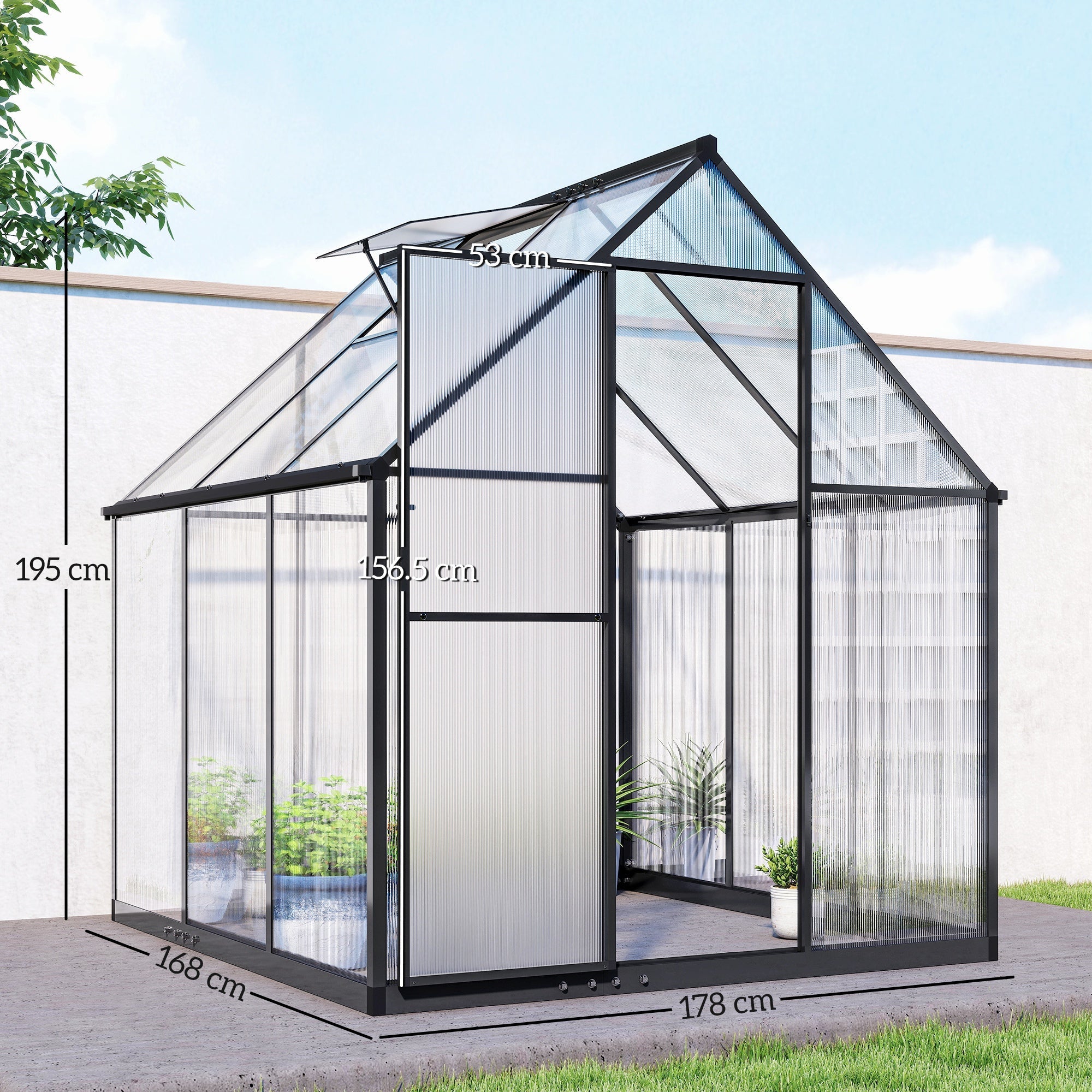 Outsunny Polycarbonate Greenhouse with Swing Door and Adjustable Window, Walk-in Greenhouse with Rain Gutter, 5.5 x 6ft, Black