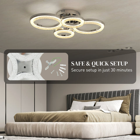 HOMCOM LED Ceiling Light, Modern Dimmable 4 Rings Ceiling Lamp with Wall Switch, 40W 4350lm Flush Mount Ceiling Light with 3500K/4500K/6000K Colour Temperatures for Living Room, Bedroom, Silver Tone
