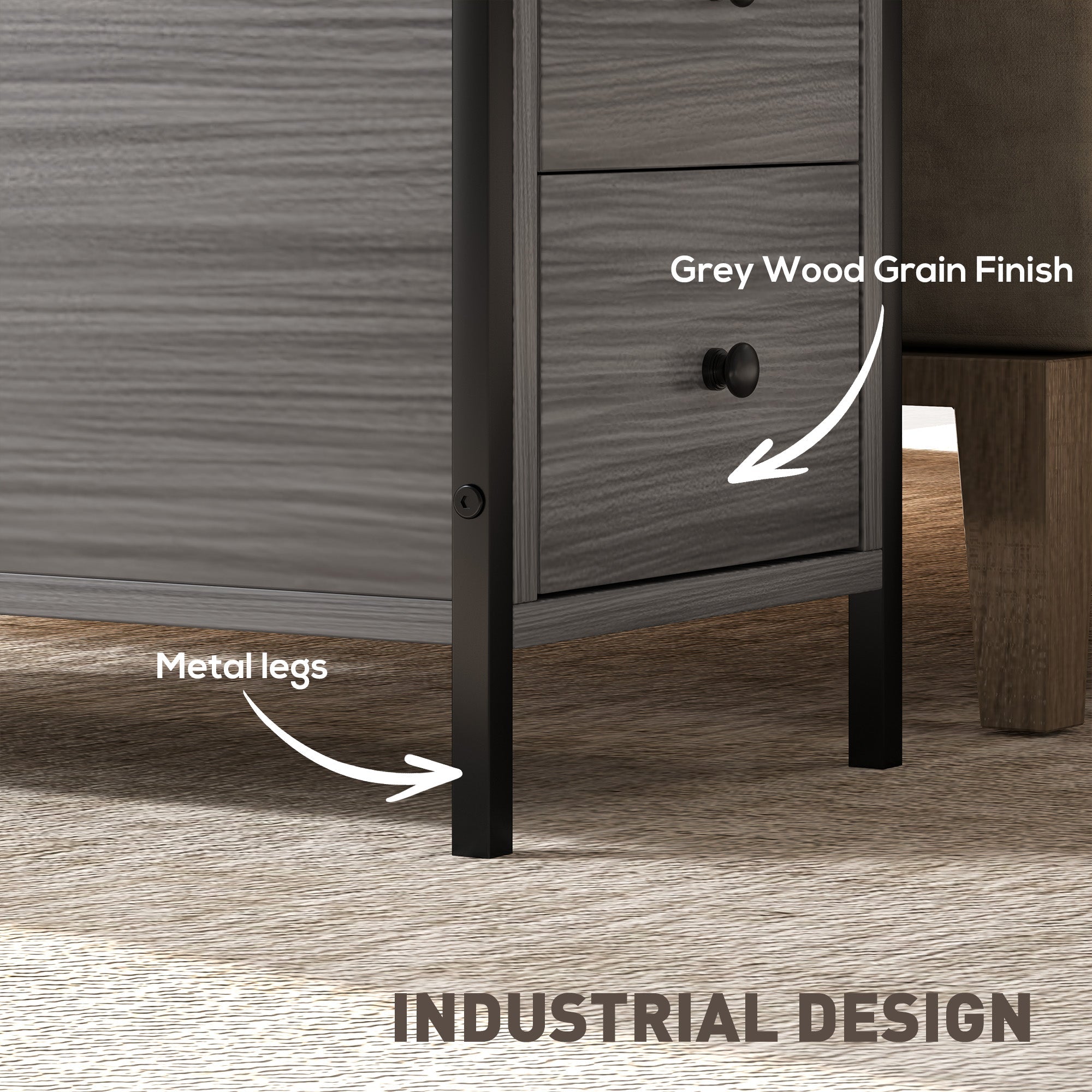 HOMCOM Side Table, Narrow Bedside Table with 2 Drawers and Storage Shelf, Industrial End Table with Metal Frame for Small Spaces, Grey Wood Grain
