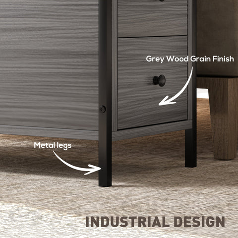 HOMCOM Side Table, Narrow Bedside Table with 2 Drawers and Storage Shelf, Industrial End Table with Metal Frame for Small Spaces, Grey Wood Grain
