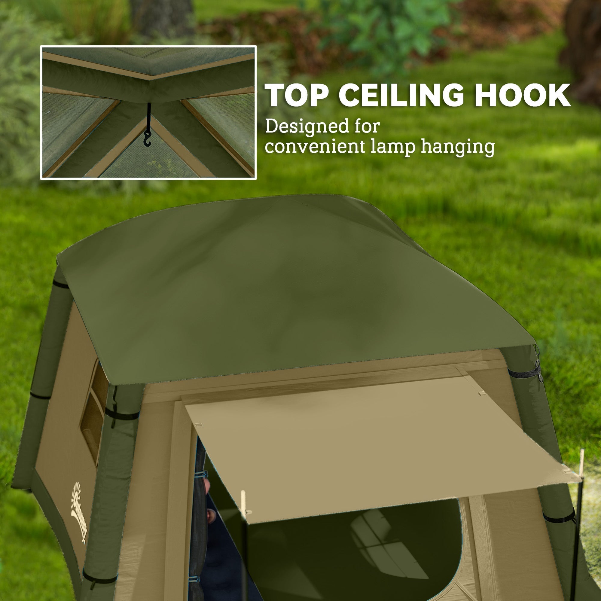 Outsunny Inflatable Camping Tent w/ Hand Pump, Easy Setup 1/2 Person Blow Up Tent Waterproof 190T Taffeta w/ Mesh Windows, Doors and Carry Bag, Brown