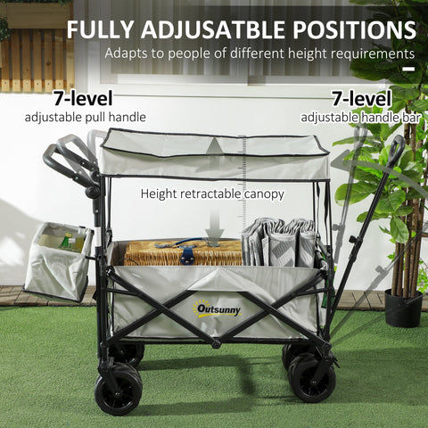 Outsunny Folding Trolley Cart Storage Wagon Beach Trailer 4 Wheels with Handle Overhead Canopy Cart Push Pull for Camping, Grey
