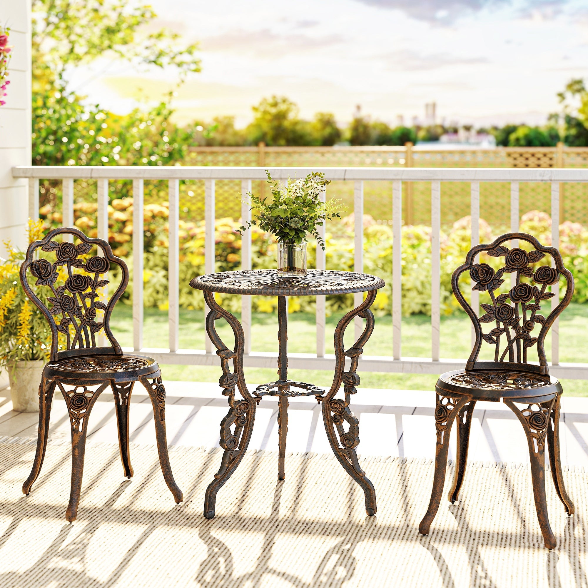 Outsunny Outdoor Bistro Set Vintage Rose Design Patio Furniture Set with Round Table and 2 Chairs Metallic Finish