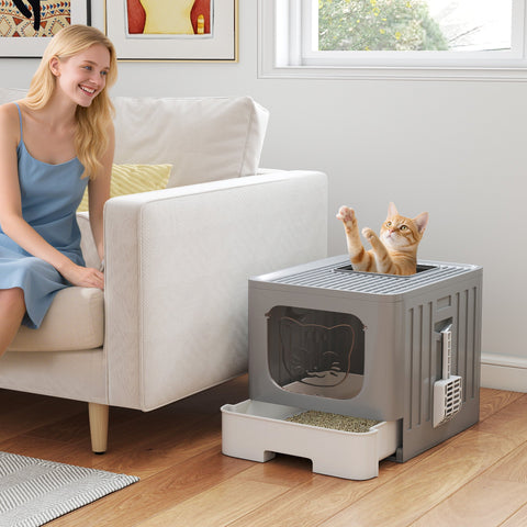 PawHut Cat Litter Box with Lid, Slide-Out Drawer, Scoop, Easy Clean, Odour Control, Anti-Splashing, Grey
