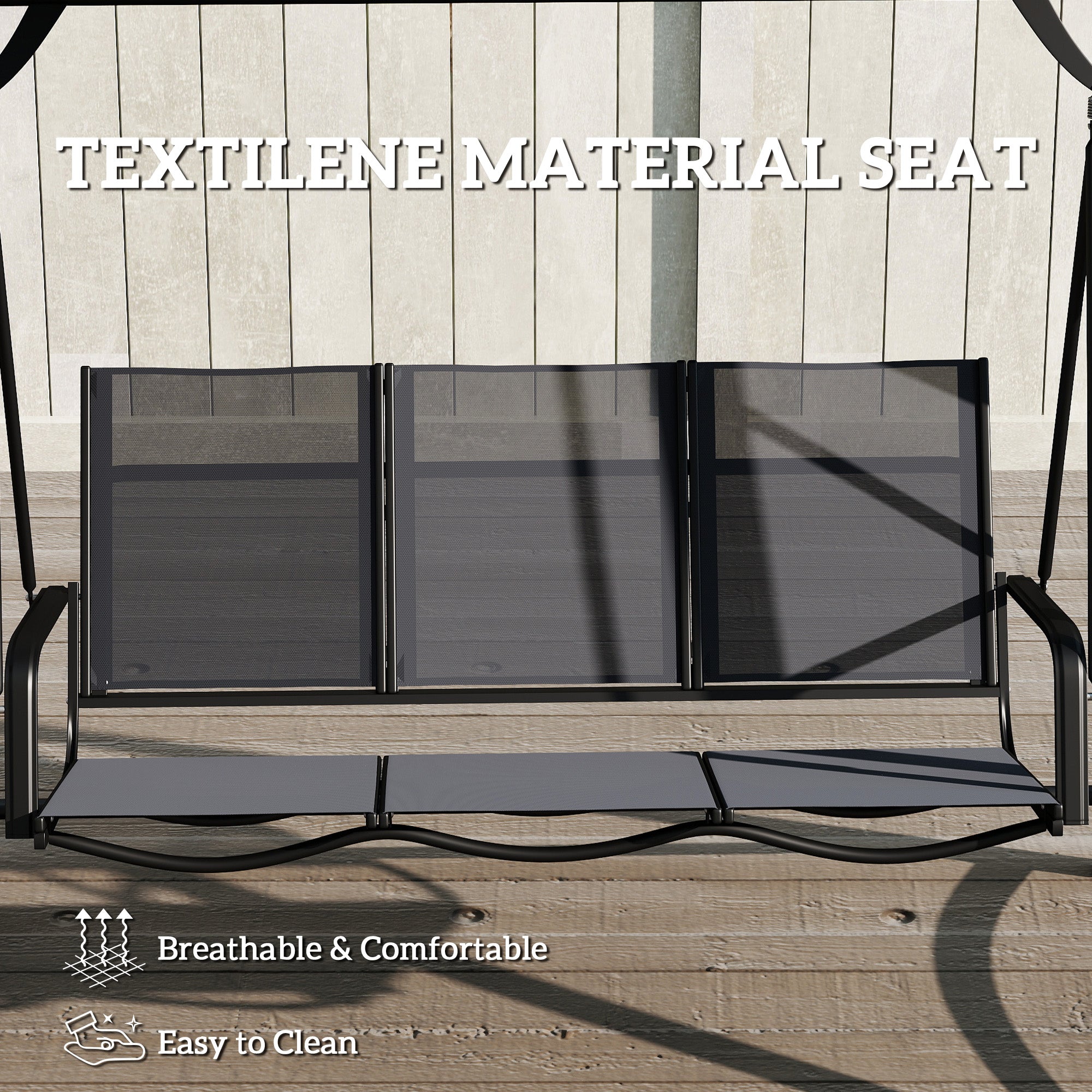Outsunny 3 Seater Swing Chair, Garden Swing Bench with Adjustable Tilting Canopy, Breathable Mesh Seat 360 kg Capacity, Grey
