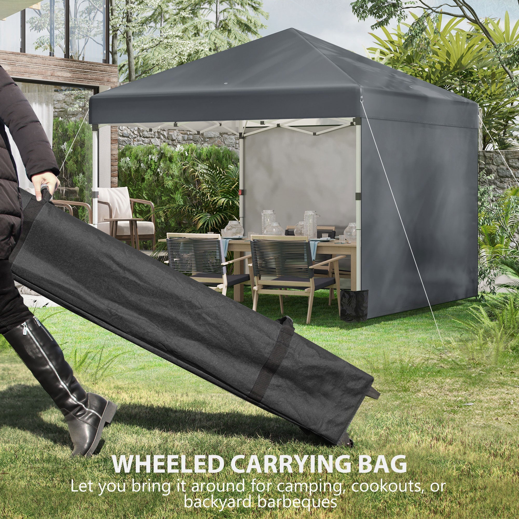 Outsunny 3 x 3 (M) Pop Up Gazebo, UPF 30+ with 2 Sidewalls, Leg Weight Bags and Wheeled Bag, Height Adjustable Party Tent Event Shelter for Garden, Patio, Dark Grey