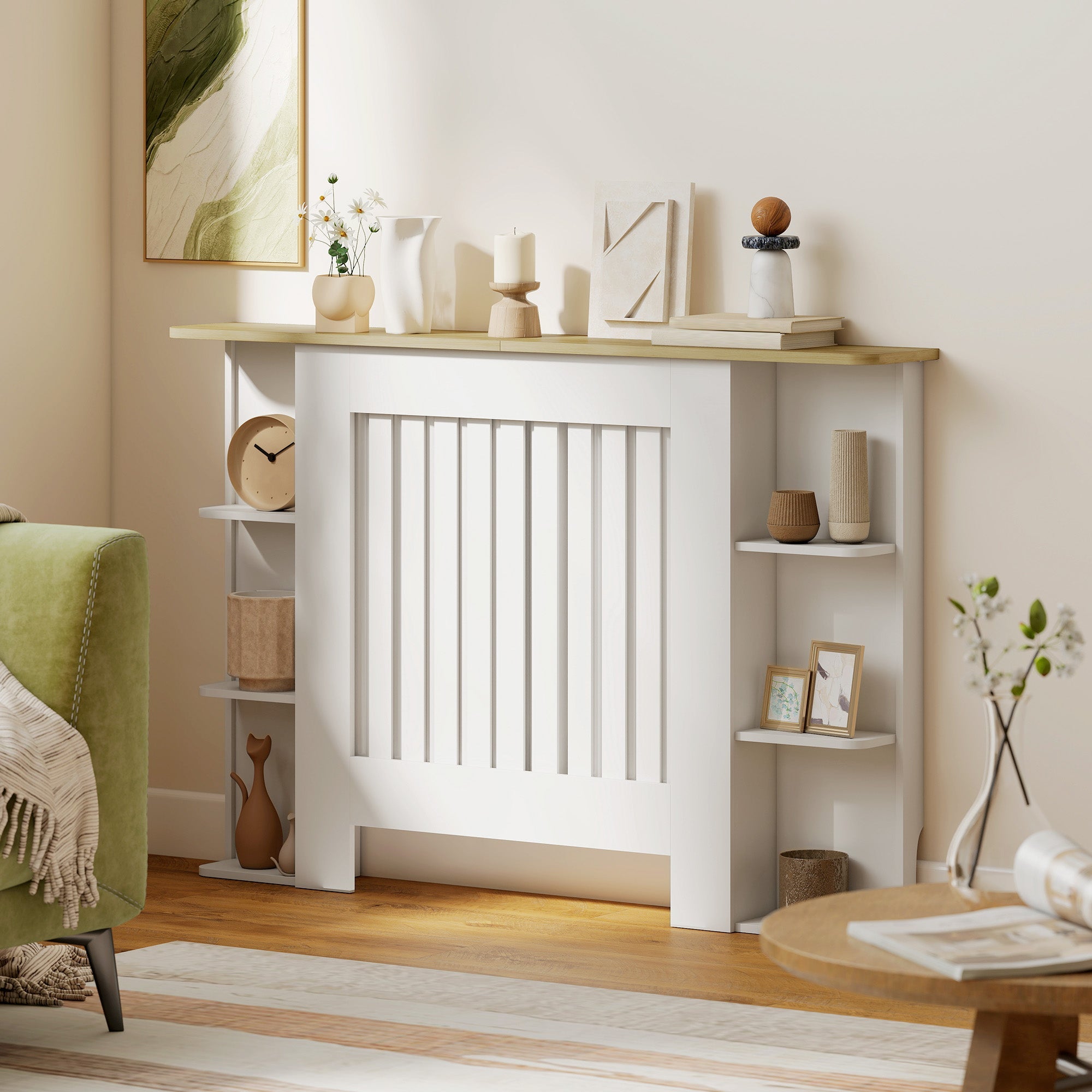 HOMCOM Radiator Cover with Open Storage Shelves, Vertical Slatted Cabinet Shelf Heater Cover for Living Room, Hallway, Medium, White