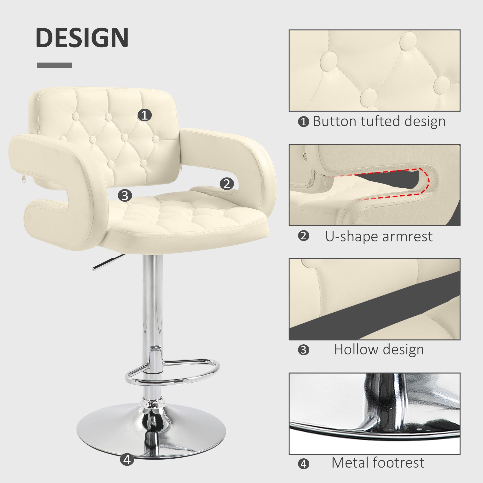 Upholstered Swivel Bar Stool, Set of 2 Height Adjustable Barstool with Back, Armrest, Footrest for Kitchen, White