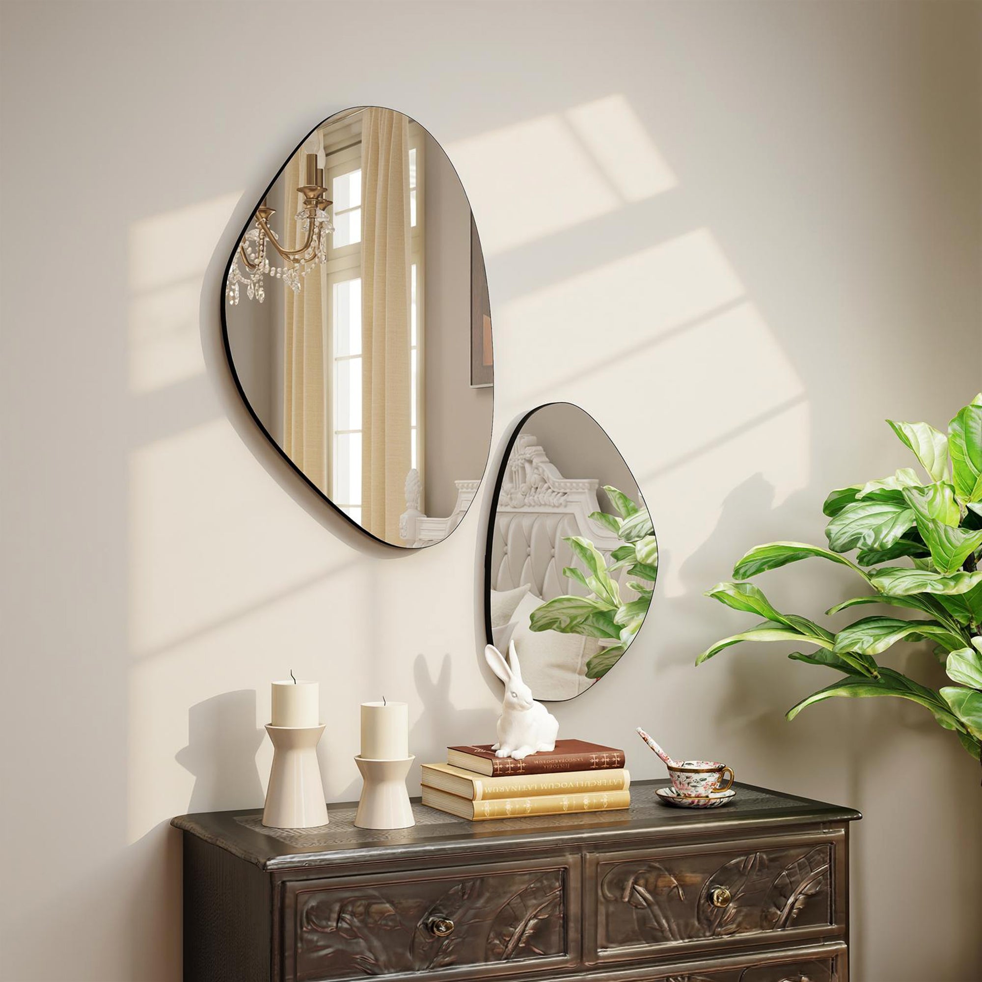 HOMCOM Set of 2 Pebble-Shaped Wall Mirror - Black