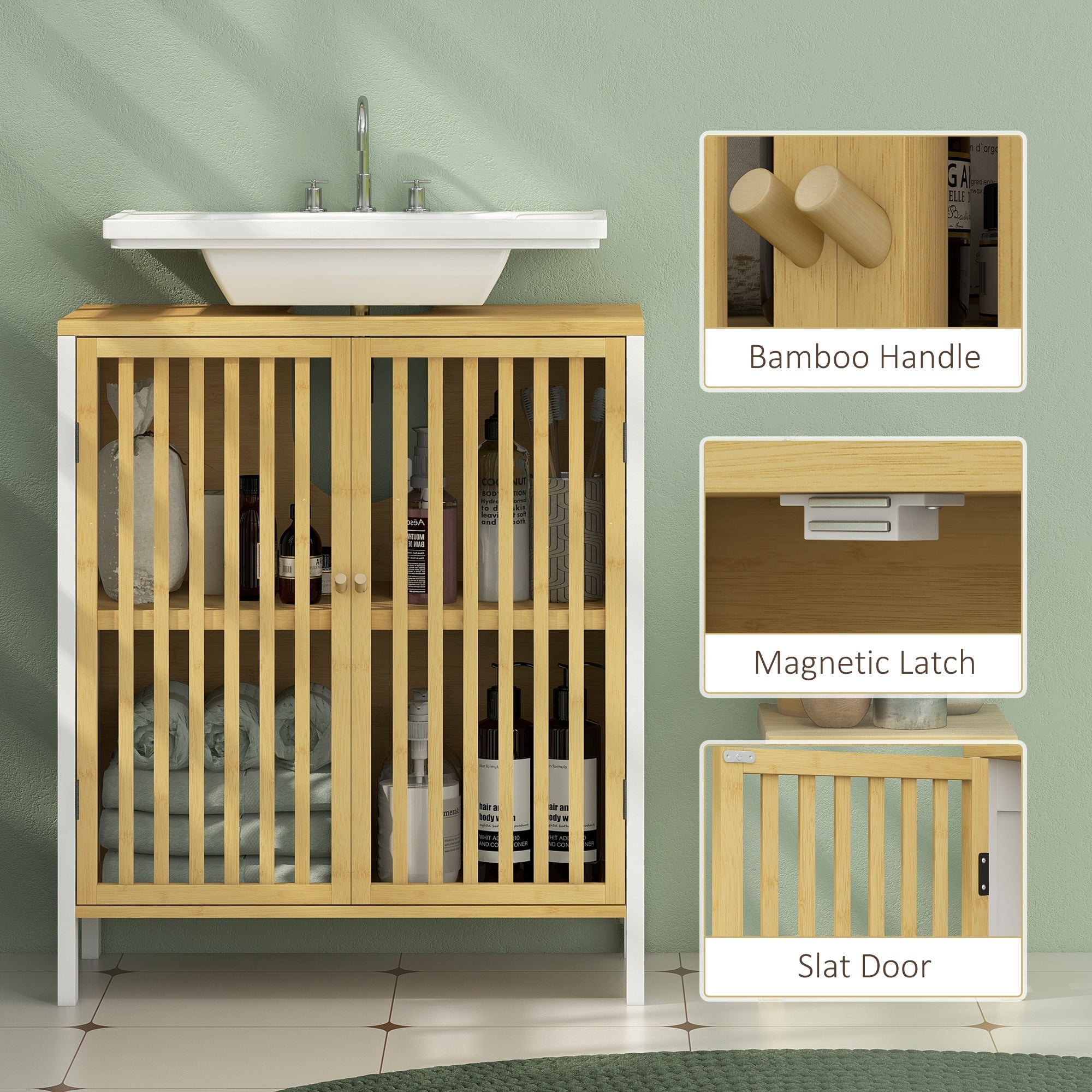 HOMCOM Bamboo-Blend Retro Cut-Out Under Sink Cabinet