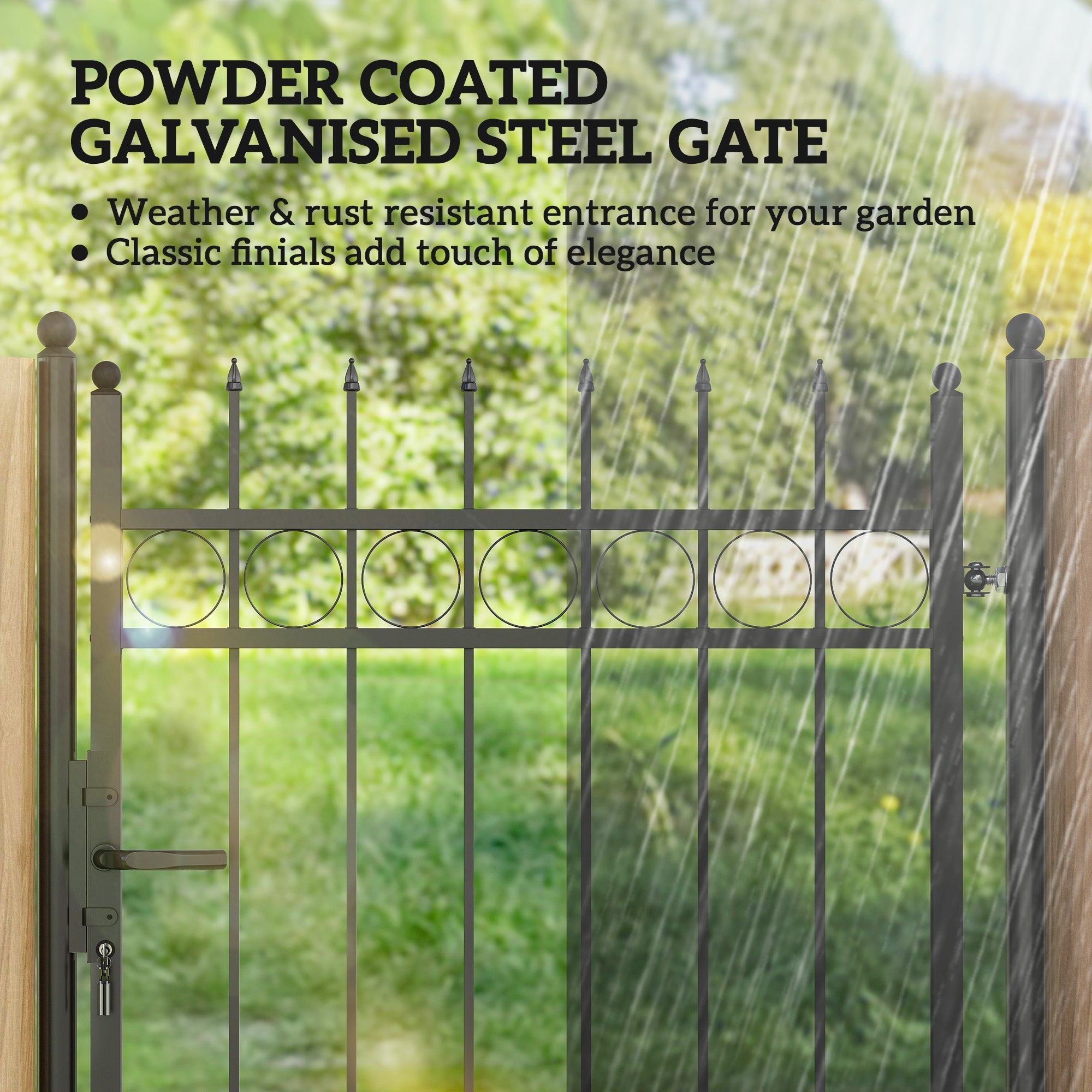 Outsunny Galvanised Steel Garden Gate, Outdoor Fence Gate Security Barrier with Lock, Keys and Handle, Outdoor Entrance Way Door with Classic Finials, 105 x 204 cm, Black
