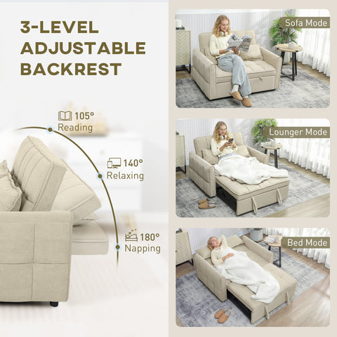 HOMCOM 2 Seater Sofa Bed, 3-in-1 Convertible Sleeper Sofa with Click-clack Adjustable Backrest and 2 Pillows, Light Brown