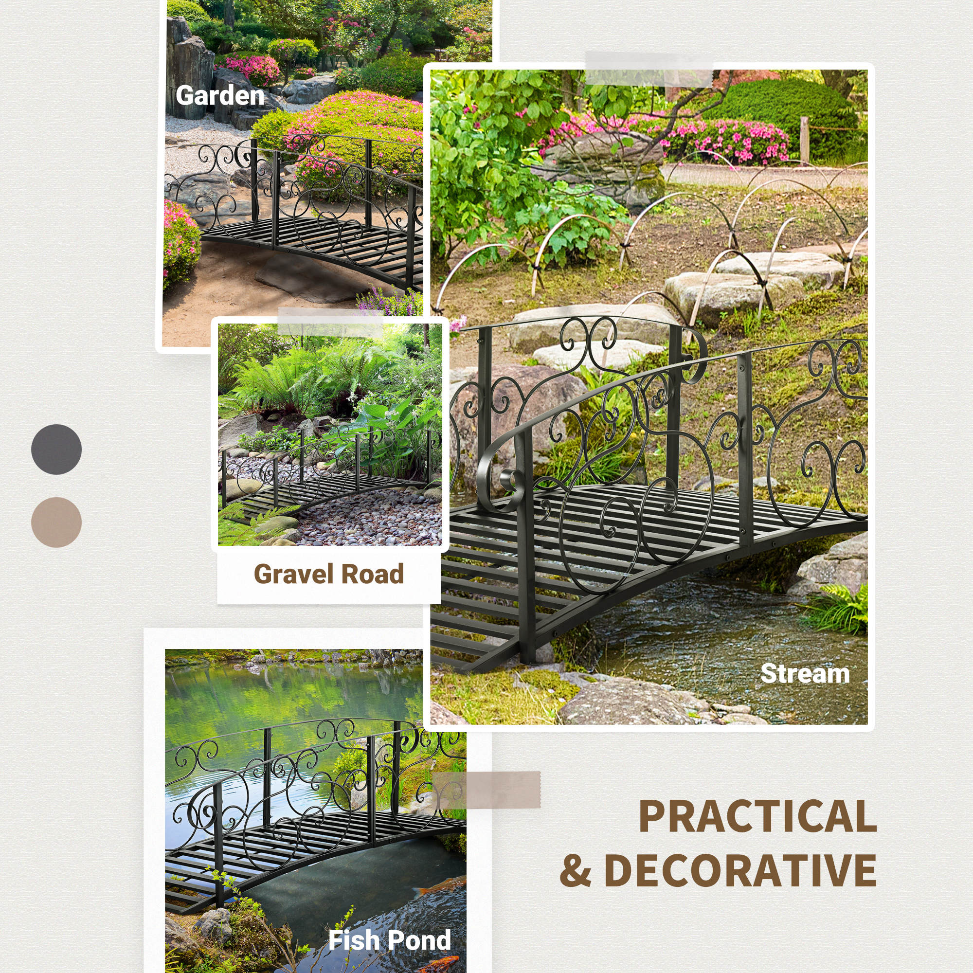Outsunny 184cm Metal Arch Garden Garden Bridge, Safety Siderails, Arc Footbridge for Garden Creek, Stream, Pond, Black