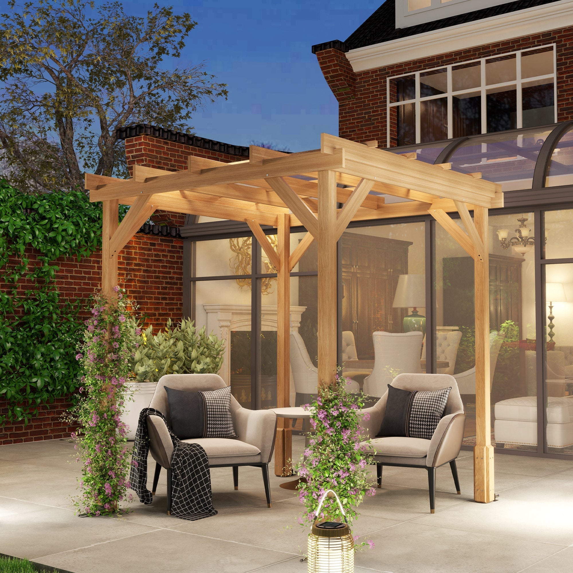 Outsunny 2 x 2m Wooden Pergola Kit, Decorative Garden Gazebo Shelter with Stable Structure for Climbing Vines, Flowers, Dark Brown