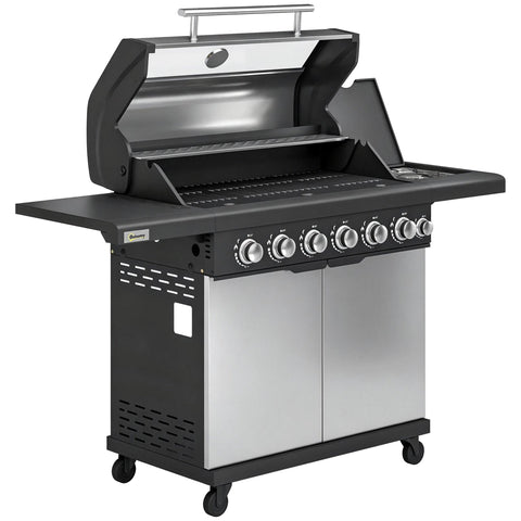 Outsunny 6+1 Burner Gas BBQ Grill, Outdoor Barbecue Trolley with Wheels, Warming Rack, Thermometer, Bottle Opener, Silver Tone