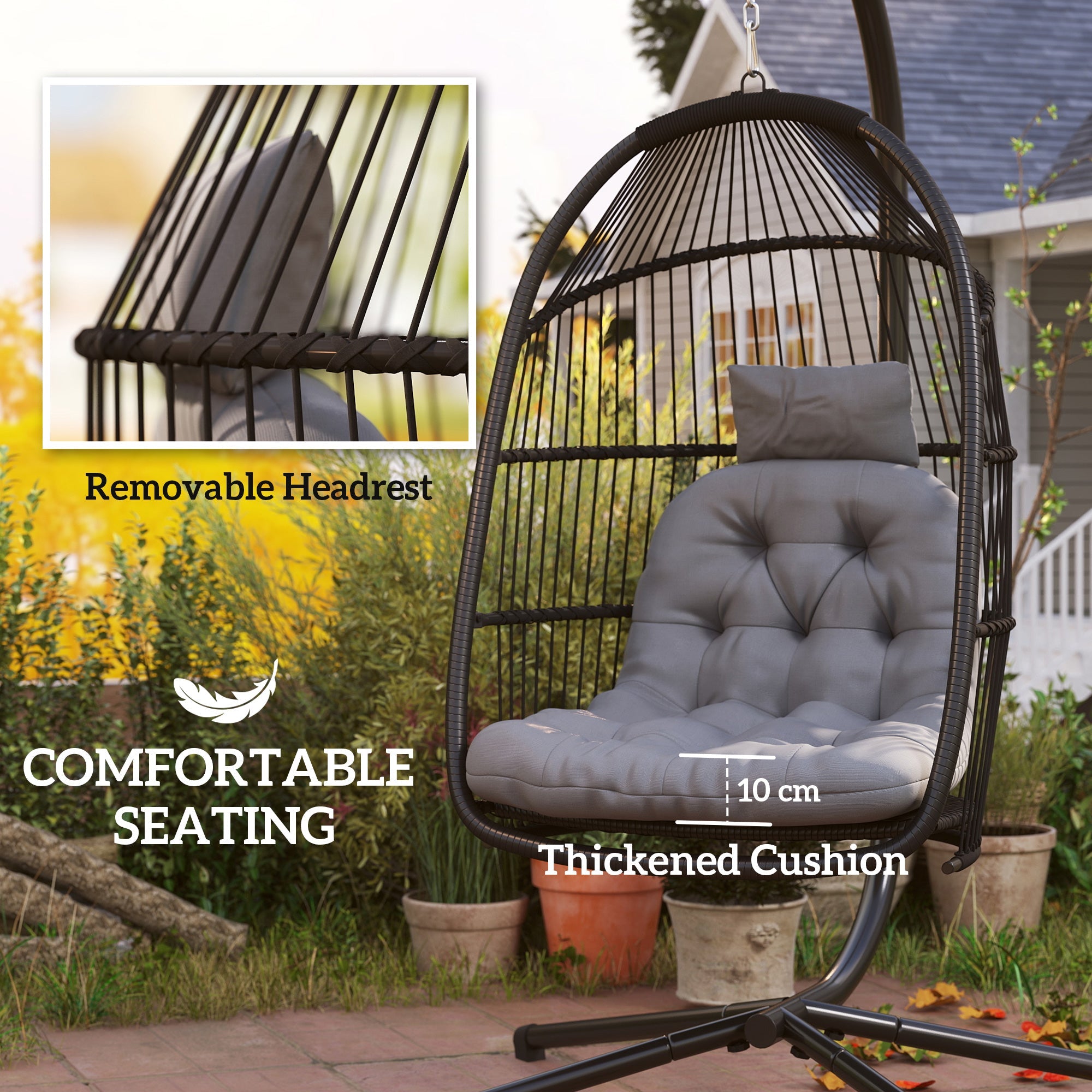 Outsunny Rattan Hanging Egg Chair with Stand, Foldable Wicker Swing Egg Chair with Cushion, Head Pillow, Steel Frame, Hammock Chair for Indoor Outdoor, Capacity 150 kg, Dark Grey