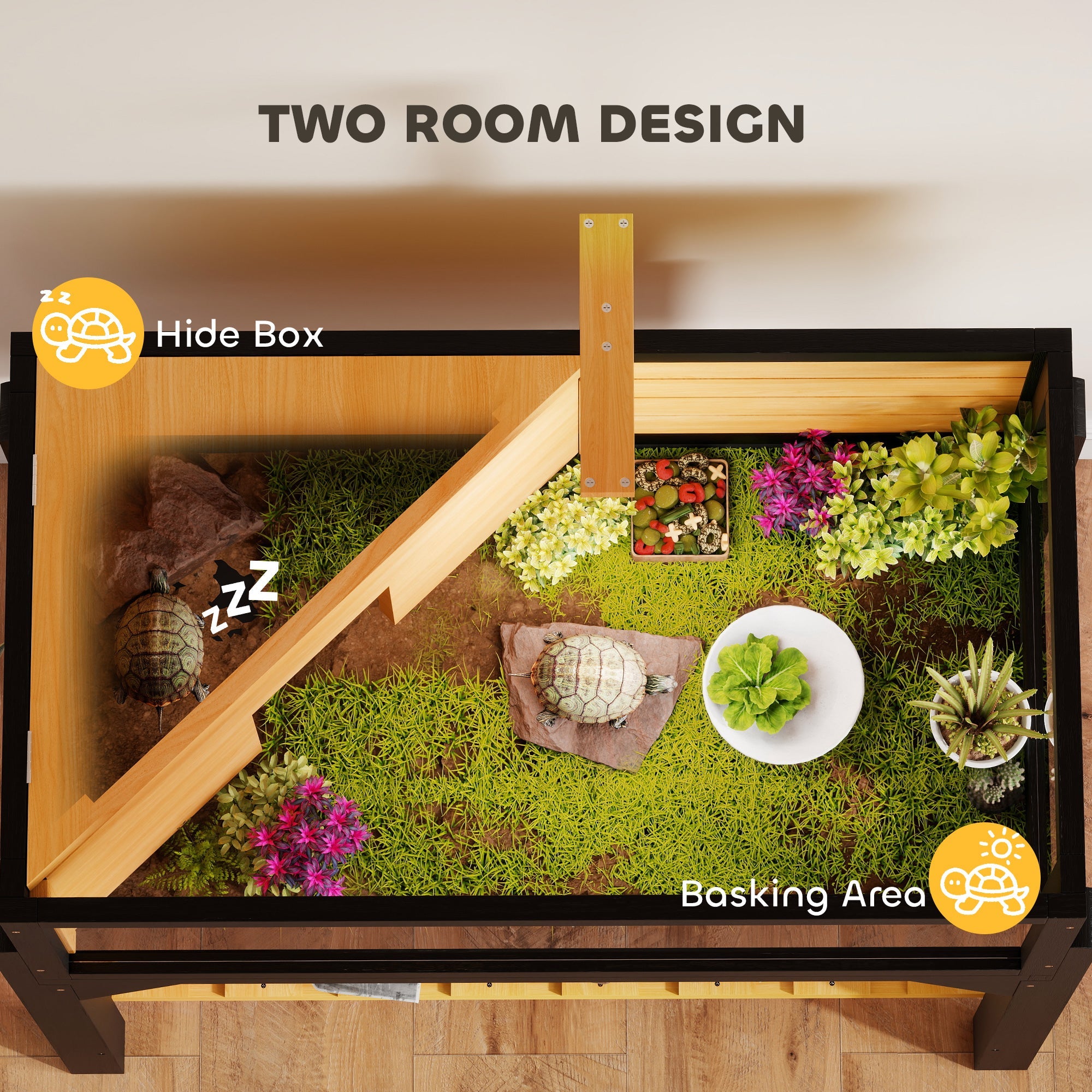PawHut Wooden Tortoise House with Storage Shelf, Clear Observation Windows, Lamp Holder, Openable Top, Built-in Tray, Yellow