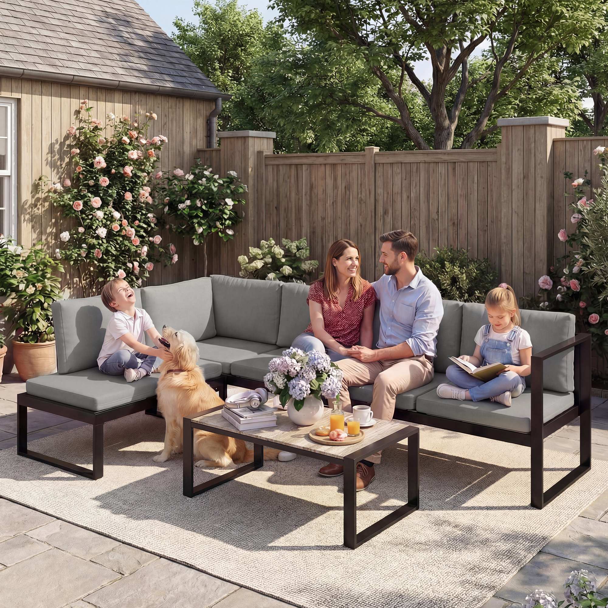 Outsunny 4 Piece Garden Furniture Set, Garden Sofa Set with 2 Loveseats, Armless Chair, Coffee Table for Balcony, Dark Grey