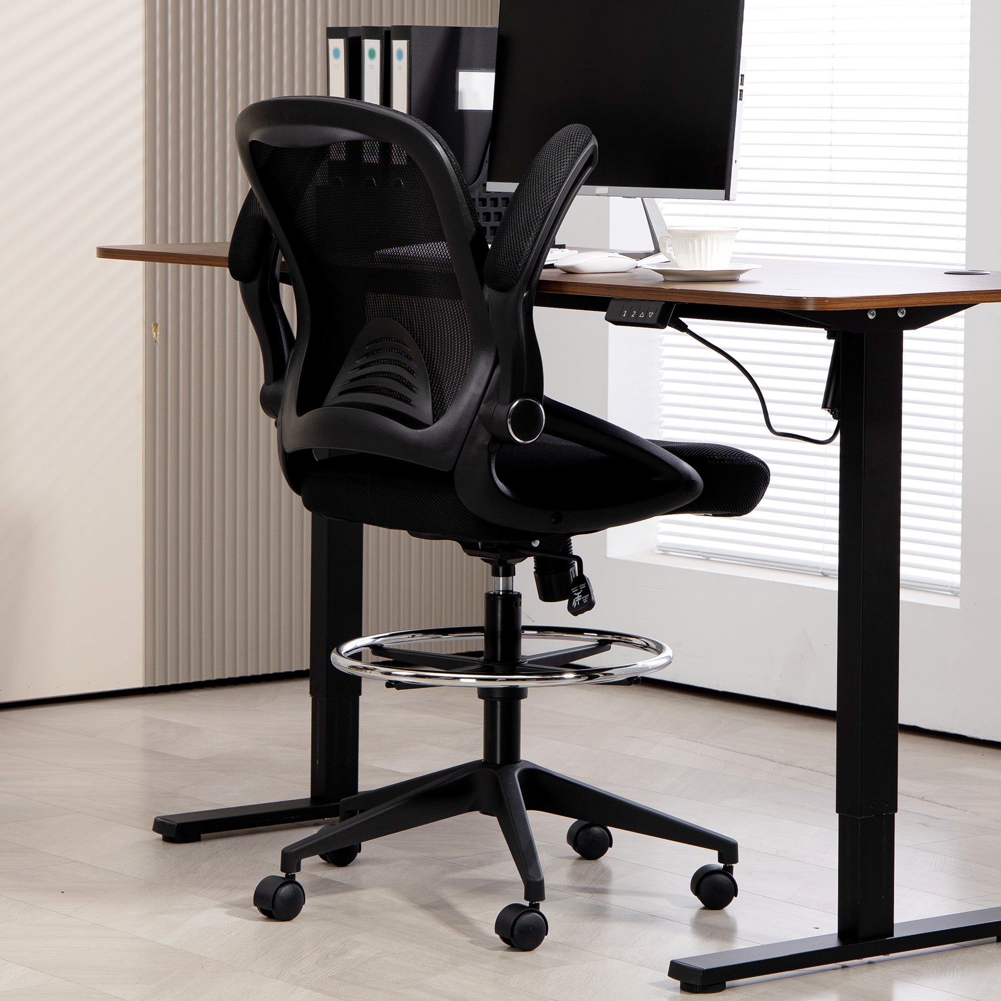Vinsetto Drafting Chair with Flip-up Armrest, Mesh Office Stool with Foot Ring, 360° Swivel Height Adjustable Chair for Standing Desk, Black