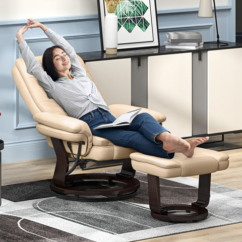 HOMCOM Faux Leather 135\'c2\'b0 Reclining Chair and Footstool - Beige