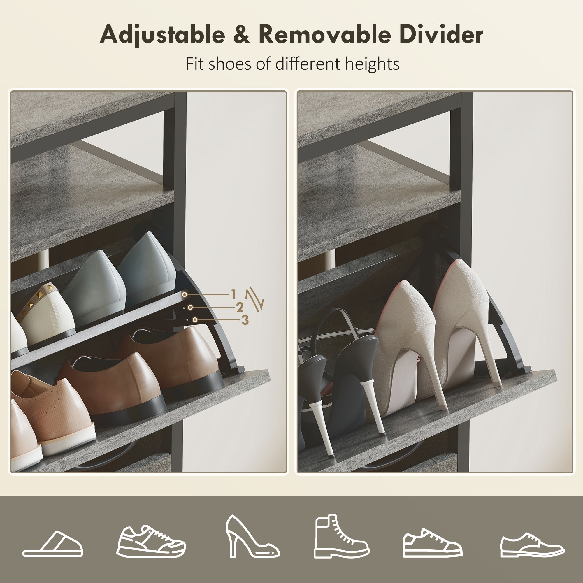 HOMCOM Shoe Storage Cabinet with 4 Flip Drawers and Open Shelf - Cement Grey