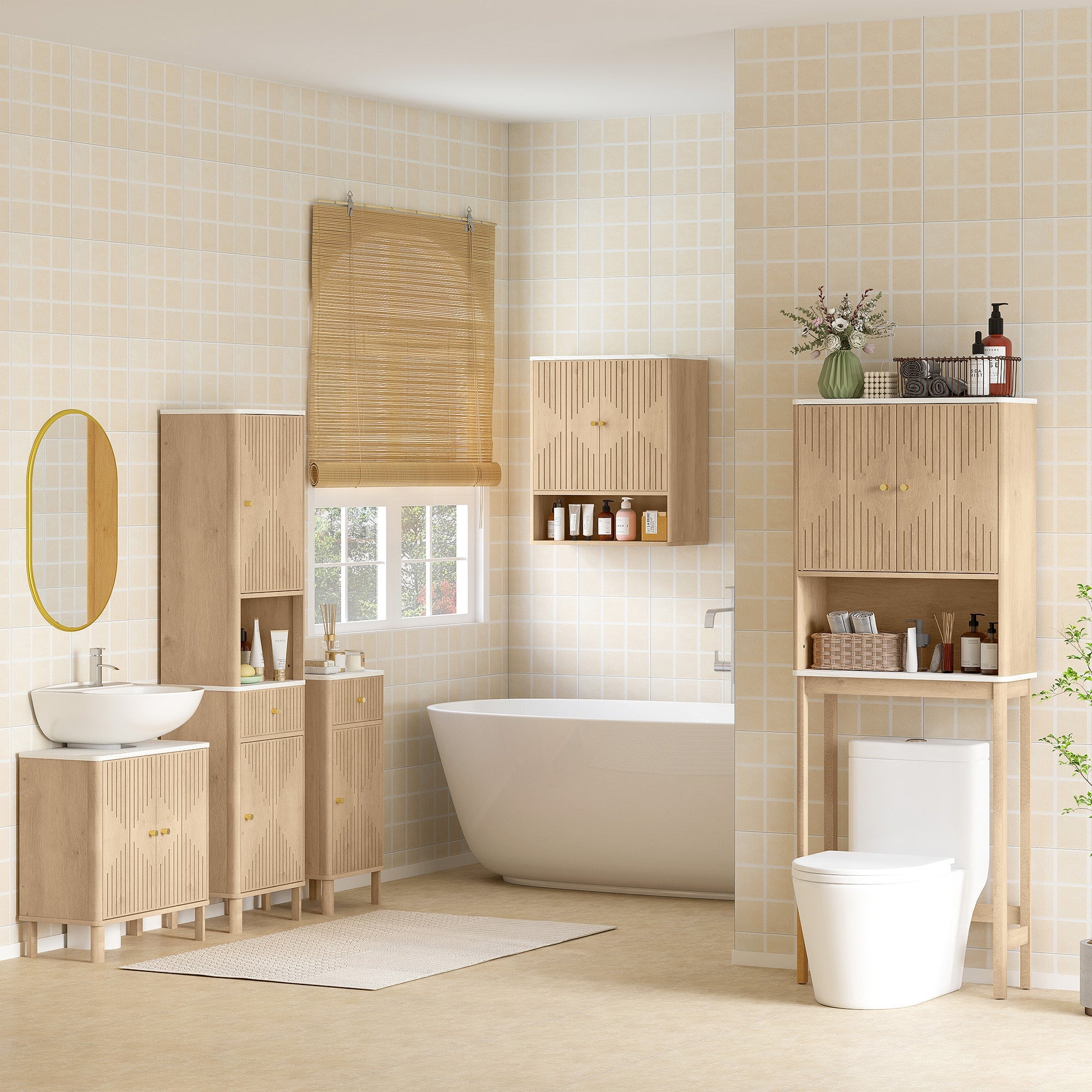 HOMCOM Bathroom Wall Cabinet with Adjustable Shelf - Oak