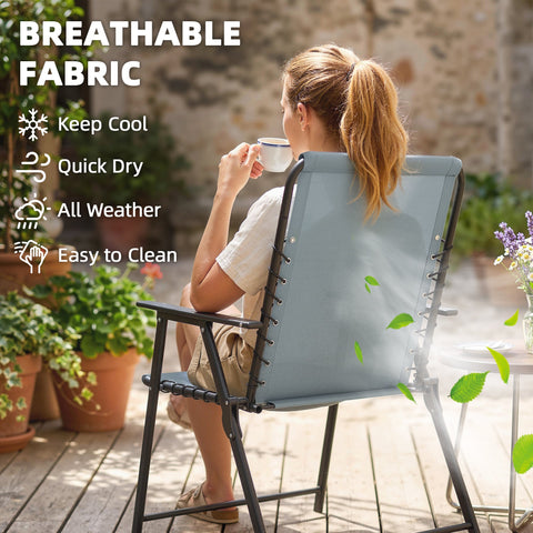 Outsunny Folding Garden Chairs Set of 2, Outdoor Dining Chairs with Wide Texteline Seat, High Back and Armrests, Light Grey